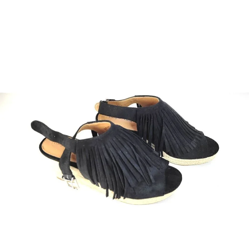 Comfortview Diane Espadrille Sandals Heels Wedge Fringe Black Women Size 9M